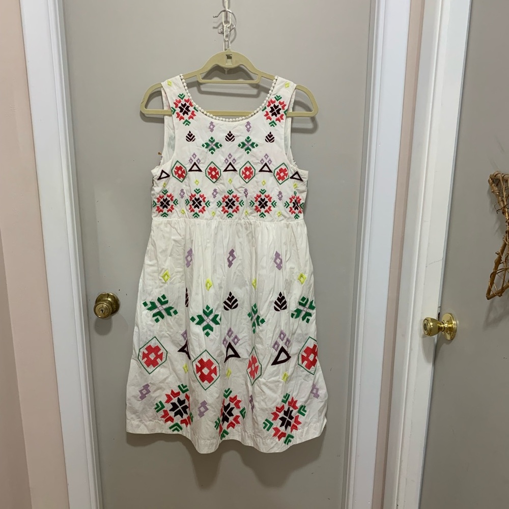 Anthropologie White Dress with Multicolor Embroidery